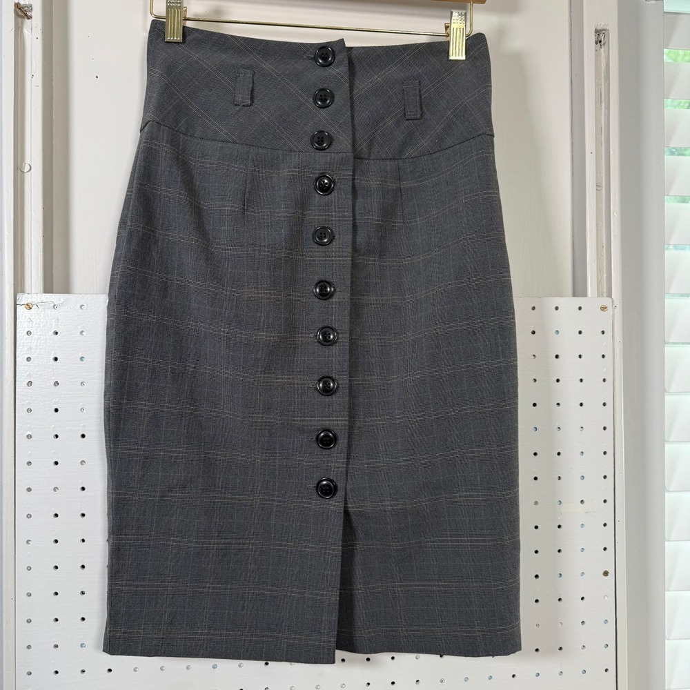 VTG‎ Forever Twenty One High-Waisted Pencil Skirt Gray Plaid Button Front Medium